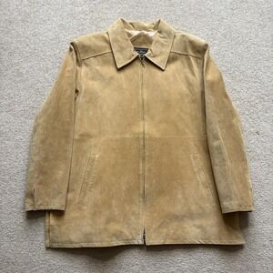 Vtg Leather Coat Terry Lewis Womens 1X Beige Zip Front Lined Overcoat Mid Length